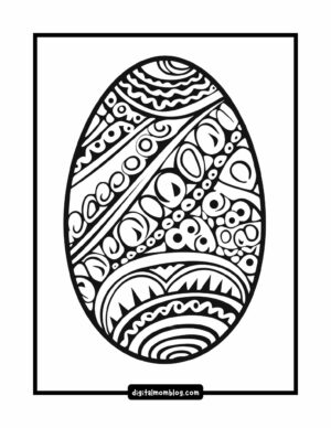 A black and white outline of an intricately patterned Easter egg featuring various shapes like swirls, circles, and zigzags arranged in horizontal bands.