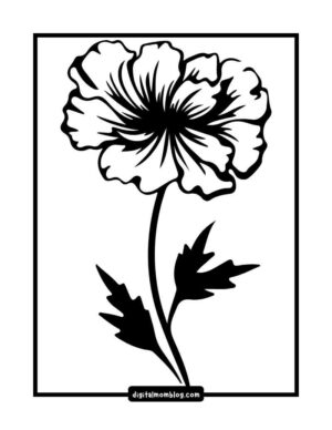 Black and white coloring page of a flower with ruffled petals and leaves, framed by a rectangular border.