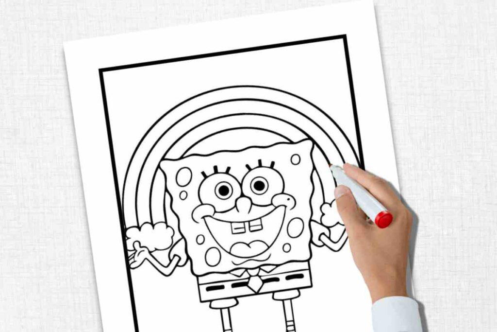 meme coloring sheets A hand is drawing a cartoon character holding a rainbow, depicted on a coloring page.