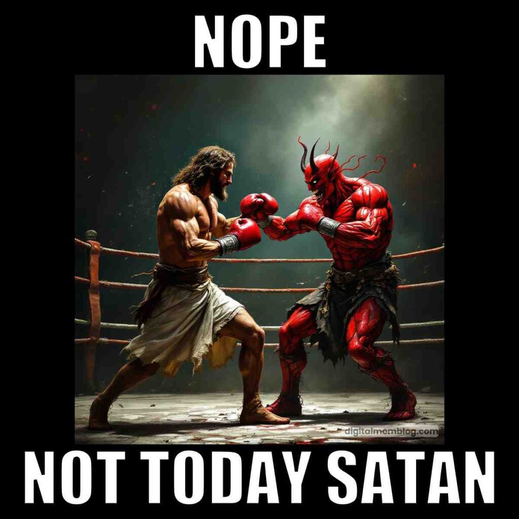nope not today satan meme A muscular man with long hair and a cloth garment boxing against a redskinned demon with horns, both wearing boxing gloves in a ring, with text above saying 'NOPE' and below 'NOT TODAY SATAN'.