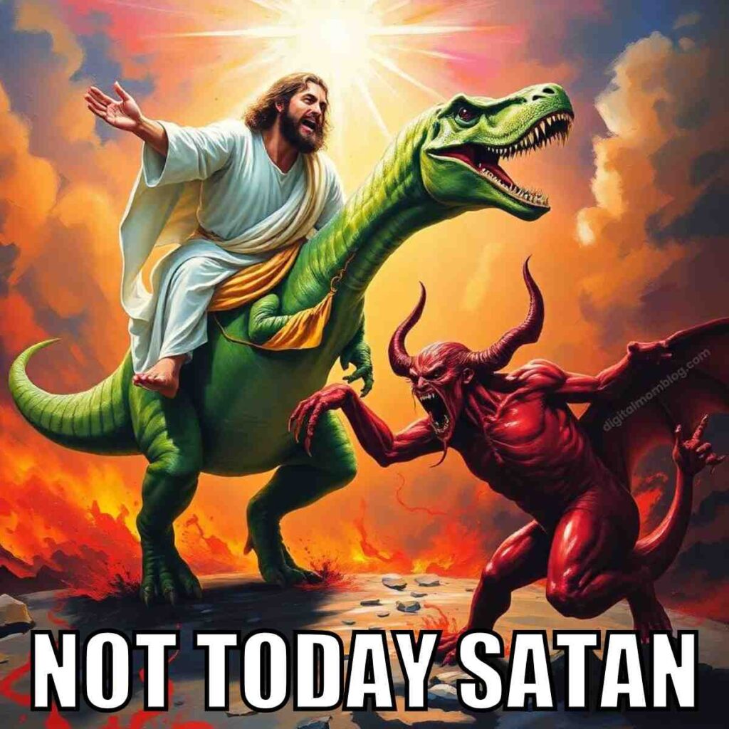 not today satan meme A person in white robes rides a green dinosaur while confronting a red, horned figure, with the text 'NOT TODAY SATAN' at the bottom.