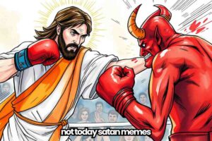 Illustration of a figure with long hair and a halo boxing against a redskinned, horned creature, both wearing boxing gloves, with spectators in the background and the text 'not today satan memes' at the bottom.