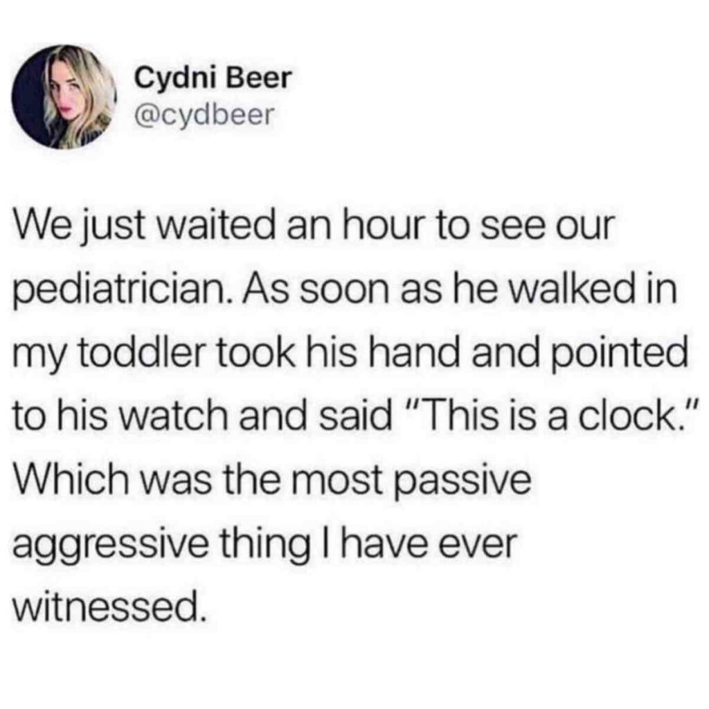 passive aggressive meme A tweet by Cydni Beer (@cydbeer) describing an incident where her toddler pointed at a pediatrician's watch, calling it a clock, after waiting an hour to see him. The text humorously remarks on the passiveaggressive nature of the toddler's action.