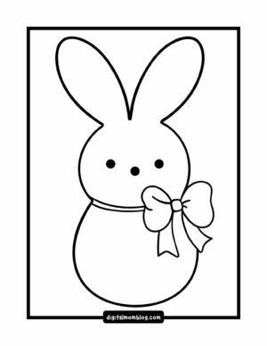 Black and white easter coloring page of a stylized rabbit with long ears and a large bow around its neck.