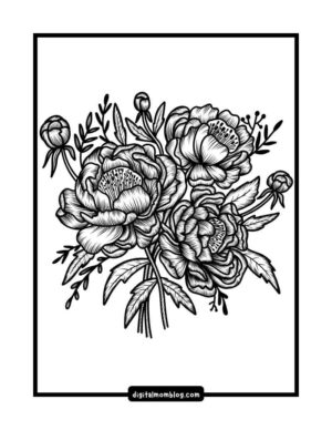 Black and white line drawing of a bouquet of peony flowers with detailed petals and leaves.