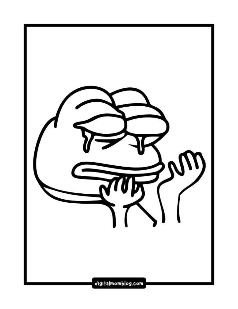 Line drawing of a cartoon frog with exaggerated lips and closed eyes, appearing distressed with hands raised up to its face, outlined within a rectangular border.