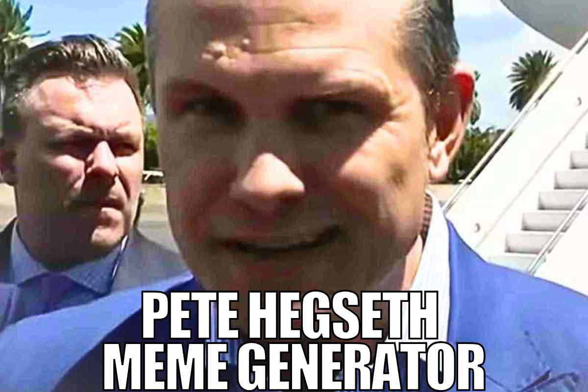 pete hegseth meme generator A closeup image of a man in a blue suit with another man in the background, accompanied by the text "PETE HEGSETH MEME GENERATOR" at the bottom. The scene appears to be outdoors with palm trees visible.