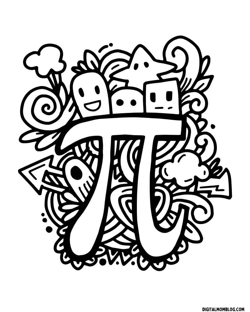 A doodle art illustration featuring the Greek letter pi (π) surrounded by various whimsical characters and patterns, including clouds, swirls, and faces, set against a white background.