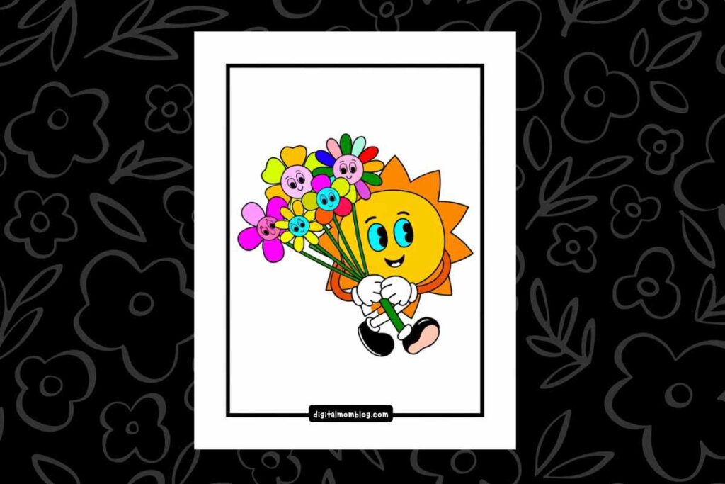 pictures of flowers to color Fun coloring sheet of a cheerful sun character holding a bouquet of colorful flowers with smiling faces, set against a simple white background with a black outline.