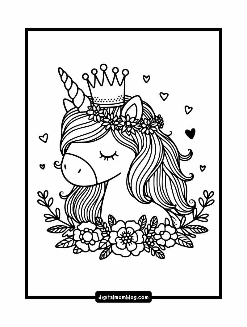 princess unicorn coloring page Black and white illustration of a unicorn with a flowing mane, wearing a floral crown and a large decorative crown. The unicorn is surrounded by flowers and small heart shapes.