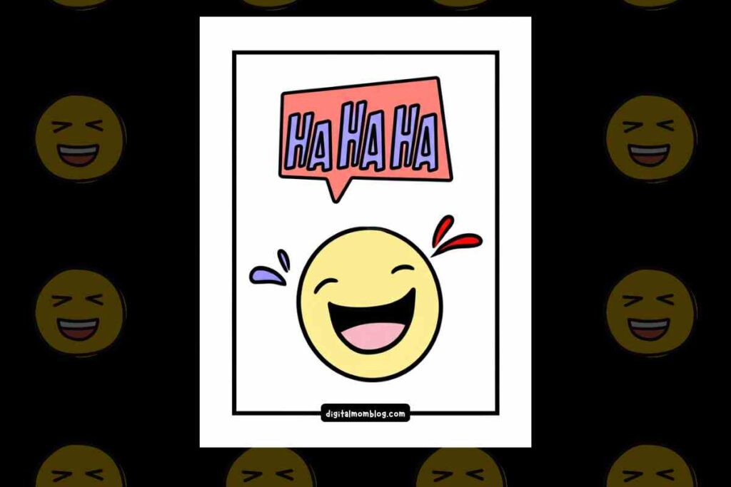 printable april fools day coloring page April fools day coloring page featuring a cartoon smiley face with closed eyes, wide open mouth, and tilted head, expressing laughter, surrounded by droplets. Above it is a speech bubble with "HA HA HA" in bold letters.