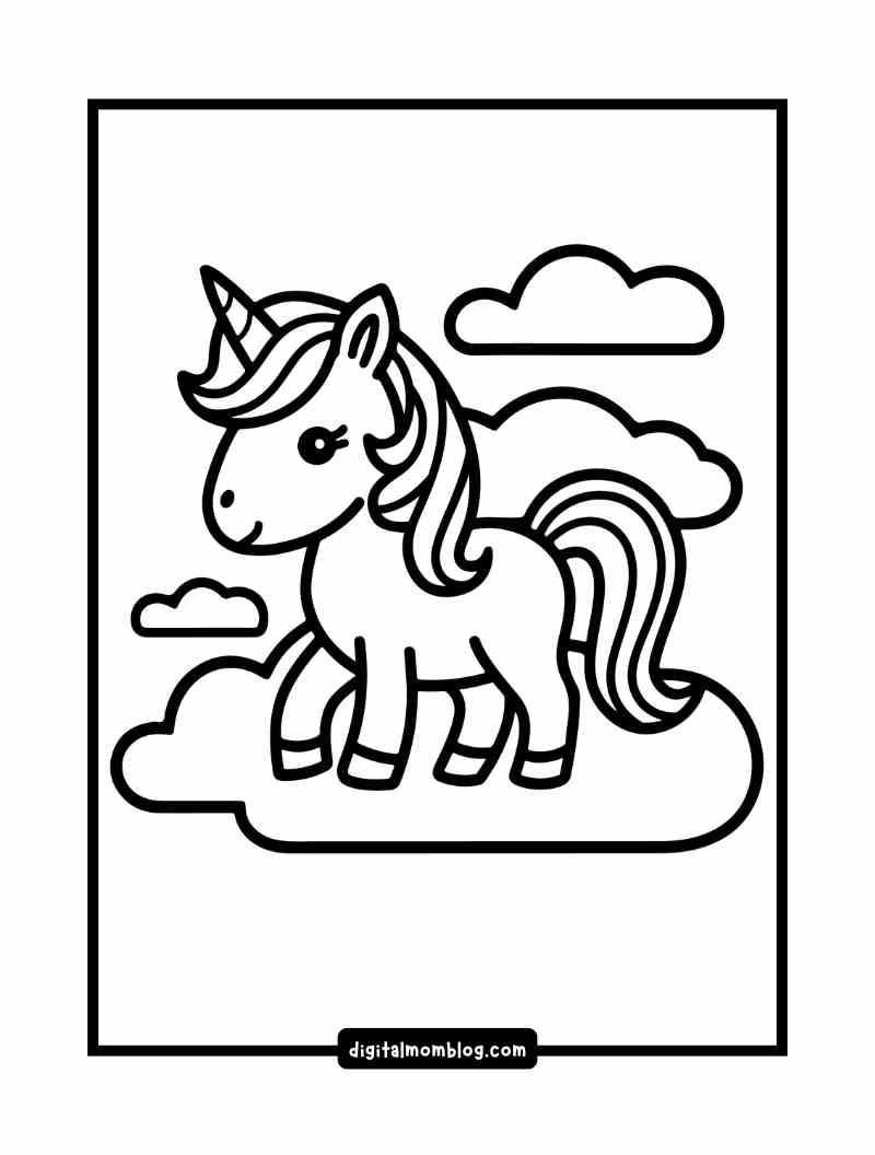 printable unicorn coloring page A black and white coloring page featuring a cartoon unicorn standing on a cloud with a few other clouds in the background.