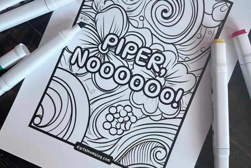 printable white lotus coloring pages A white lotus coloring page featuring the text 'Piper, Noooooo!' surrounded by abstract floral and swirly patterns, with several markers nearby.