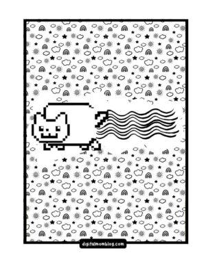 Black and white illustration of a blocky cat with a smiling face and wavy, striped tail. The background features a repeating pattern of stars, clouds, suns, and rainbows.