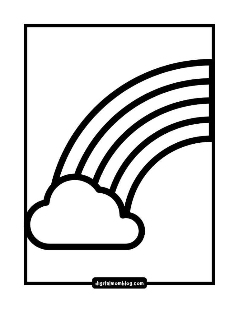 An outline drawing of a cloud with a rainbow arcing from it, featuring five distinct bands within a rectangular frame.