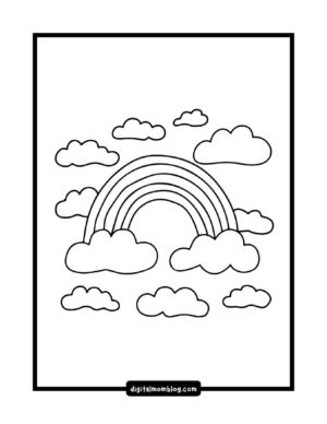 A blackandwhite coloring page featuring a rainbow with five arches emerging from fluffy clouds, surrounded by additional clouds scattered across the page.