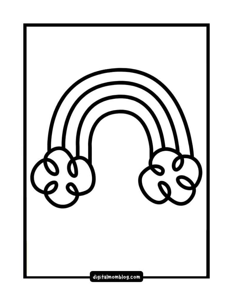 Outline drawing of a rainbow with two fluffy clouds at each end, set within a black border.