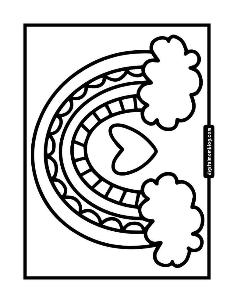 A black and white coloring page featuring a stylized rainbow with a heart shape in the center, flanked by two clouds on either side.