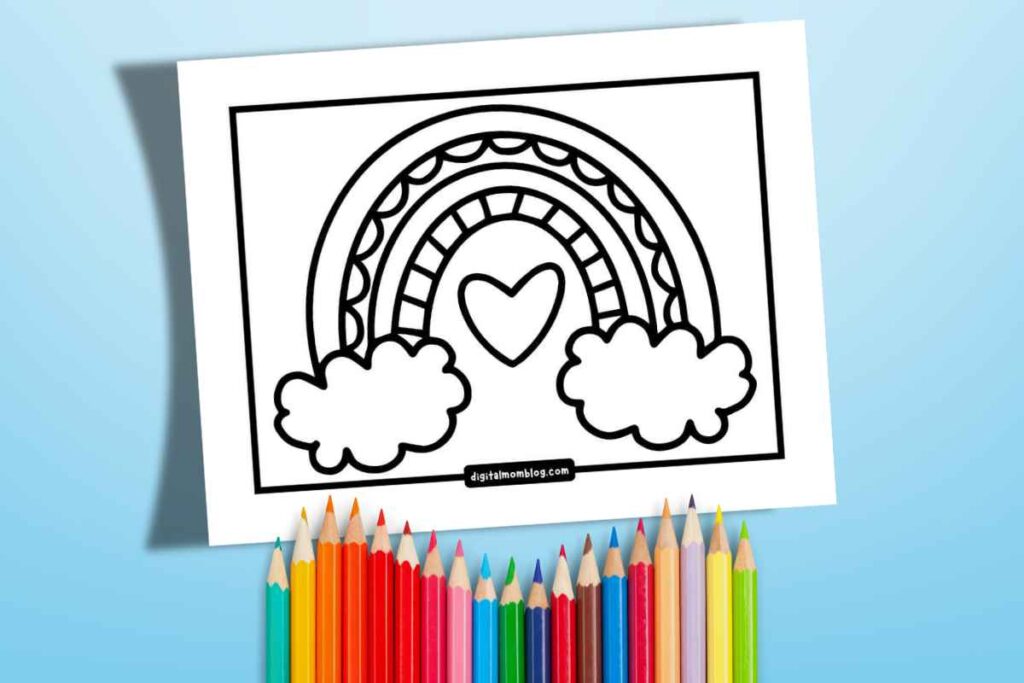 rainbow printable coloring pages A black and white coloring page featuring a rainbow with decorative patterns, two clouds at each end, and a heart shape in the center. Below the page are several colored pencils arranged in a row on a blue background.