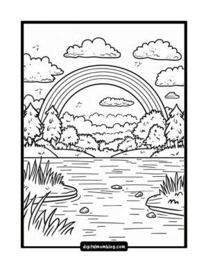 Black and white illustration of a scenic landscape featuring a river flowing through a forest, with a rainbow arching across the sky and fluffy clouds above.
