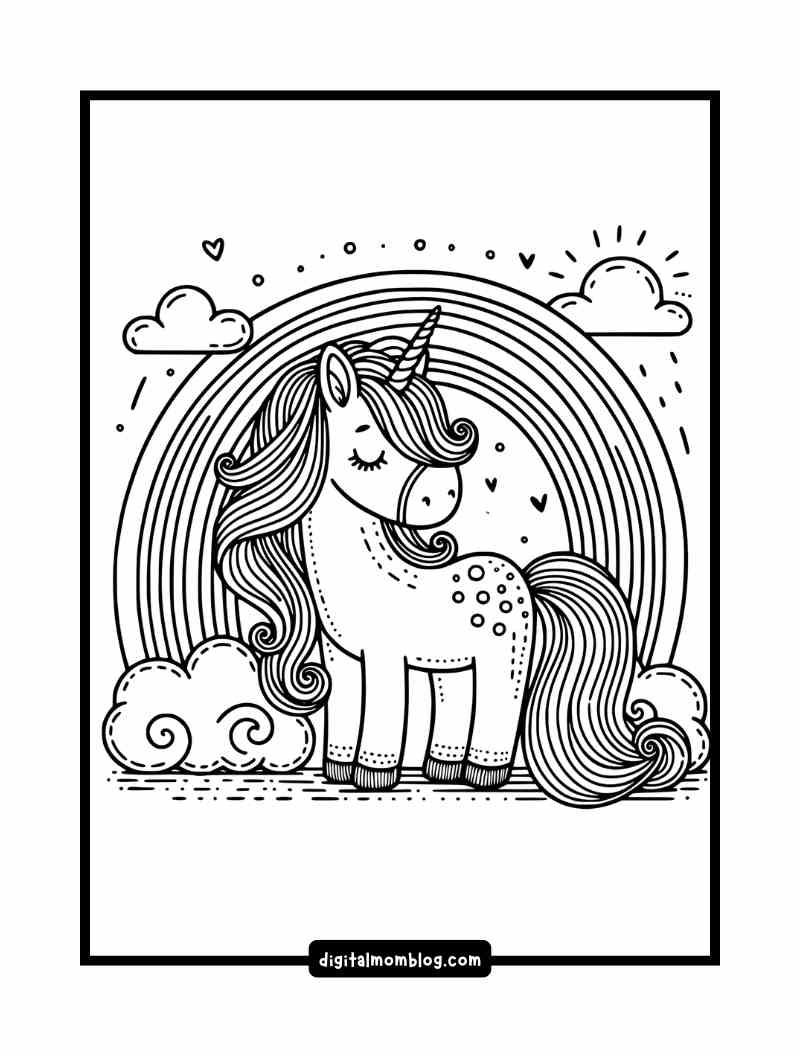 rainbow unicorn coloring page A black and white illustration of a cute unicorn with a flowing mane, standing in a whimsical scene with a rainbow, clouds, and small hearts in the background.