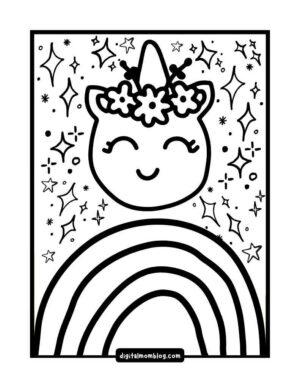 A black and white illustration of a unicorn with flowers on its head, smiling with closed eyes, surrounded by stars and sparkling shapes. A large rainbow arcs beneath the unicorn's face, set against a background filled with various star and sparkle designs.