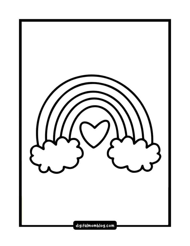 Simple black and white line drawing of a rainbow with a heart in the center and clouds at both ends.
