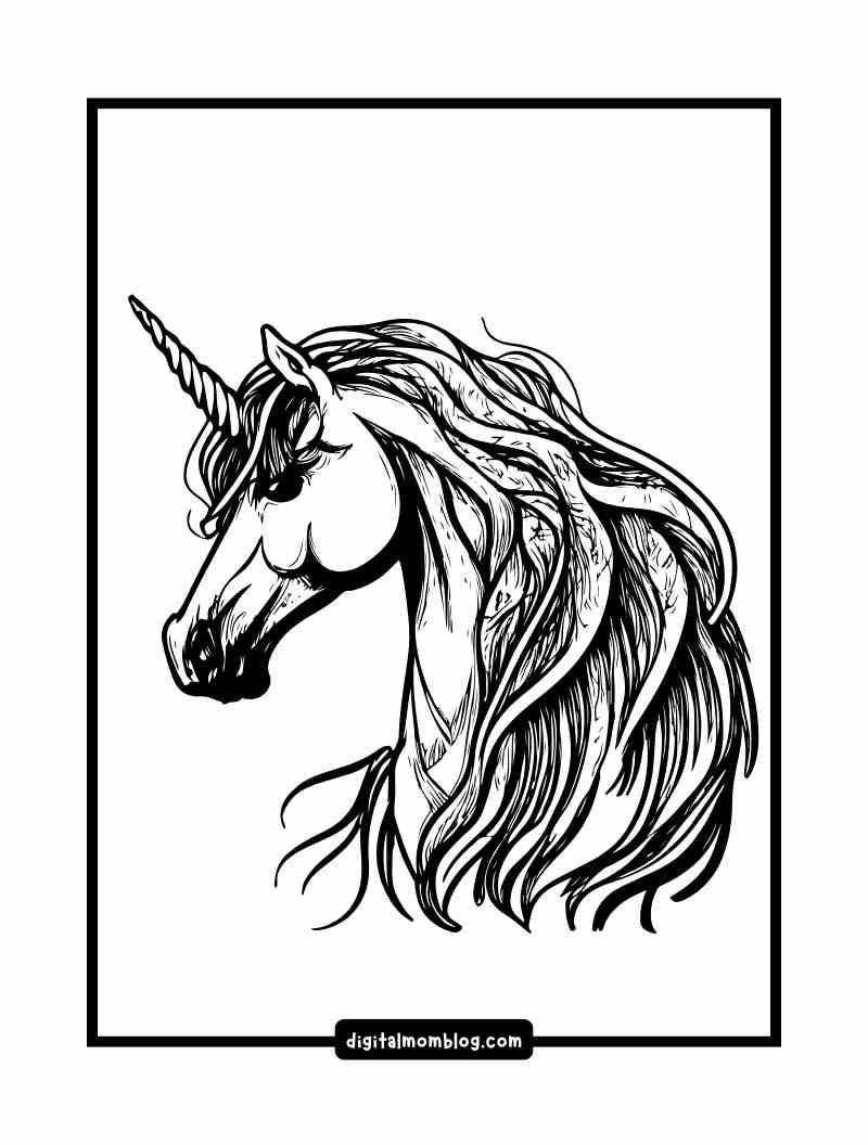 realistic unicorn coloring page Detailed black and white illustration of a unicorn's head with a flowing mane, framed within a black border.