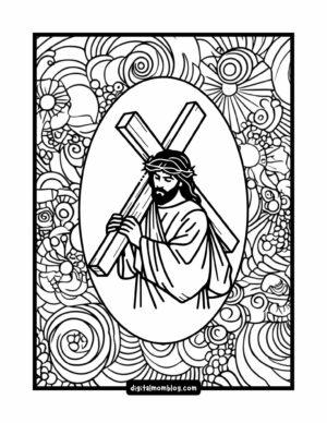 Illustration of a man wearing a crown of thorns and carrying a large wooden cross, set against a detailed, swirling pattern background.