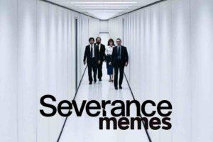 Four people in formal attire walk down a long, white, futuristic corridor with the words 'Severance memes' overlaid at the bottom.