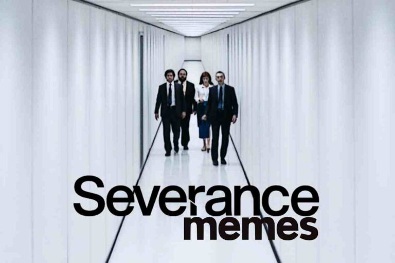 Four people in formal attire walk down a long, white, futuristic corridor with the words 'Severance memes' overlaid at the bottom.
