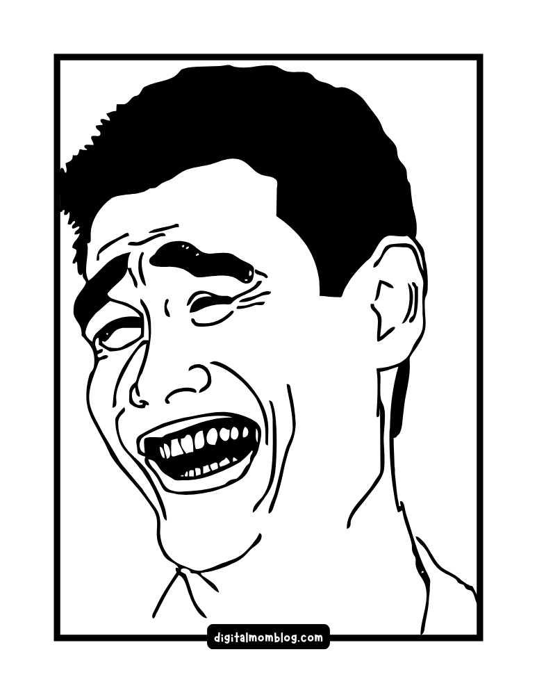 Black and white line drawing of a person laughing with mouth open and eyes squinted, set within a rectangular frame.