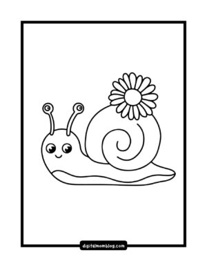 Black and white line drawing of a smiling snail with a spiral shell adorned with a large daisylike flower.