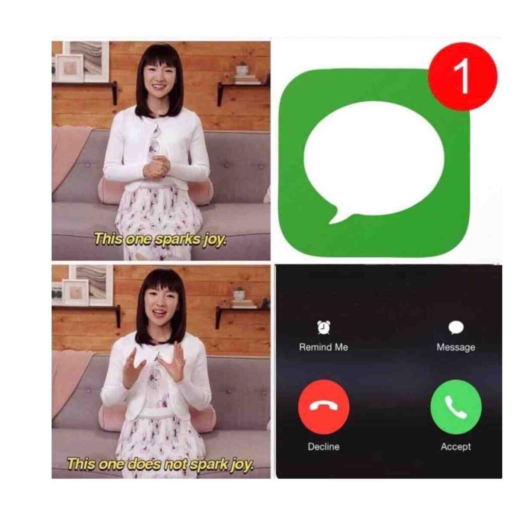 spark joy meme text messages A meme featuring a woman in a white cardigan with text below her in two panels; in the first, she is smiling and the text reads "This one sparks joy" next to an icon of a message app with a notification badge. In the second, she has a neutral expression and the text reads "This one does not spark joy" next to a phone call screen showing options to decline or accept a call.