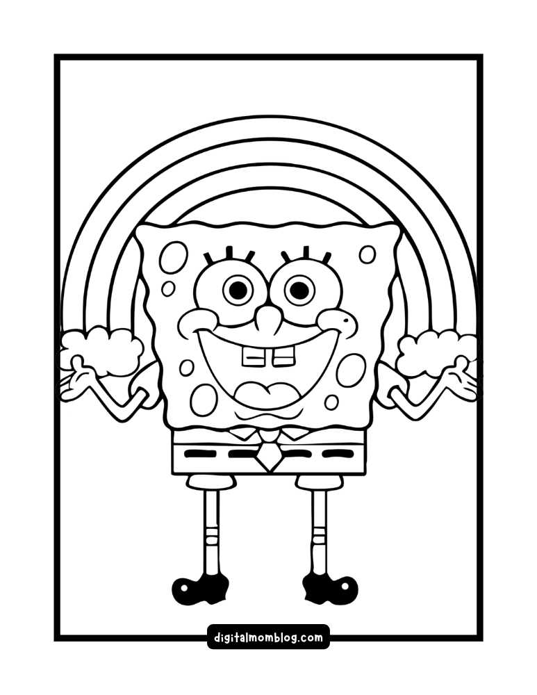 A black and white coloring page featuring an animated sponge character with big eyes and a wide smile. The character is wearing shorts and shoes, standing in front of a cartoon rainbow with its arms raised and clouds at each end of the rainbow.