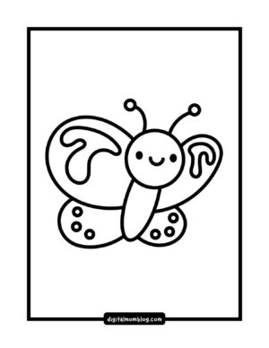 A simple, outlined drawing of a smiling butterfly with antennae, featuring whimsical wing patterns, presented in a coloring page format.