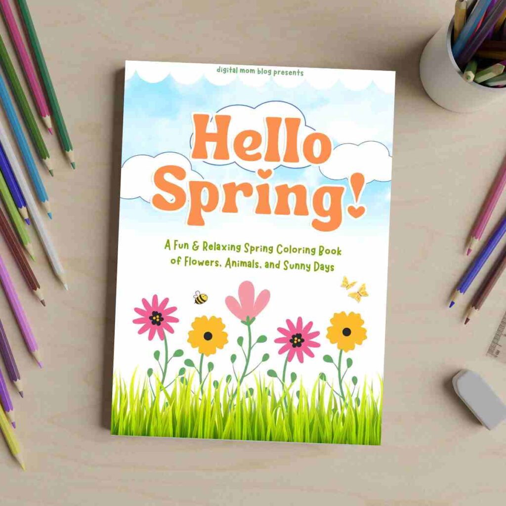 spring coloring book A springthemed coloring book titled "Hello Spring! A Fun & Relaxing Spring Coloring Book of Flowers, Animals, and Sunny Days" featuring colorful illustrations of flowers and a bee against a cloudy sky background, with colored pencils and a cup nearby on a table.