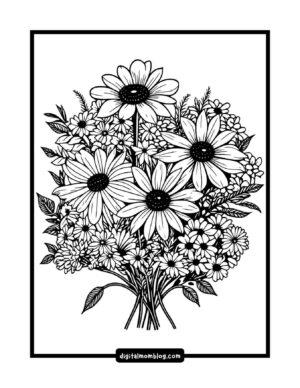 Black and white line drawing of a bouquet featuring large daisylike flowers and smaller blossoms, surrounded by leaves and stems, framed with a thick border.