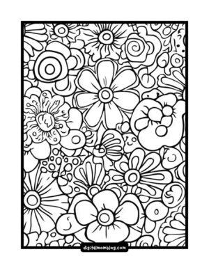 A black and white floral coloring page featuring various abstract flower designs with petals, swirls, and circular patterns filling the entire page.
