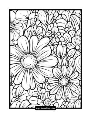 A black and white floral coloring page featuring numerous large, detailed flowers with prominent petals and intricate centers, surrounded by smaller flowers and leaves, creating a dense pattern.