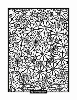Intricate black and white floral pattern coloring page featuring various flowers with detailed petals and leaves.