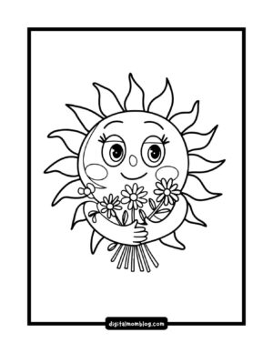 A cartoon sun with a smiling face and rosy cheeks, holding a bouquet of flowers with both hands.