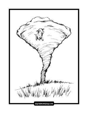 A black and white illustration of a cow inside a tornado above a grassy field.