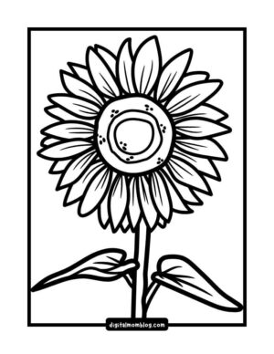 A black and white coloring page featuring a sunflower with detailed petals, leaves, and a textured center, framed within a rectangular border.