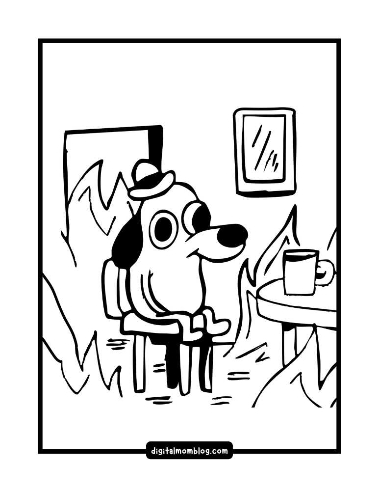 A cartoon dog wearing a hat sits calmly in a chair inside a room that is on fire, with a coffee mug on a table nearby.