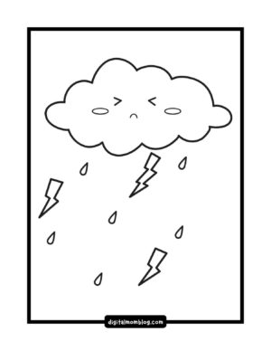A cartoon cloud with an angry face, surrounded by raindrops and lightning bolts, in a coloring page style.