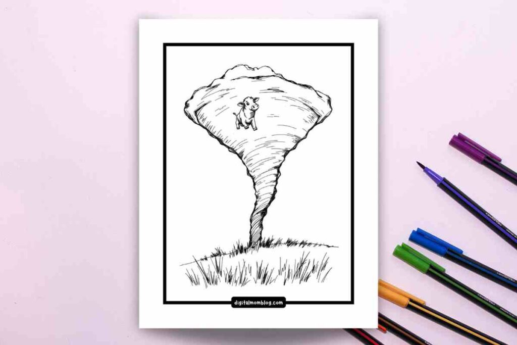 tornado spring coloring page Black and white illustration of a cartoon cow perched on top of a tornado, with the tornado extending down to a grassy field. Colored pens are placed next to the illustration.