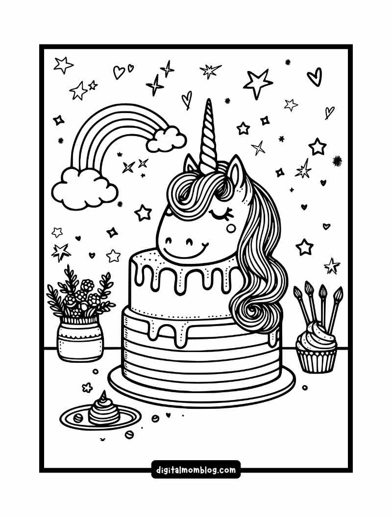 unicorn cake coloring page Black and white unicorn cake coloring page with a unicorn head on top, surrounded by stars, a rainbow, and clouds. A small vase with flowers and a cupcake with candles are placed beside the cake.