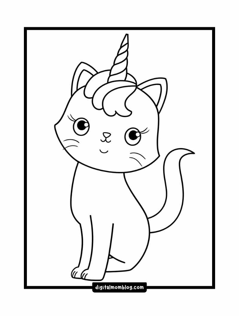 unicorn cat coloring page Black and white illustration of a cartoon cat with a unicorn horn, sitting with a playful expression, surrounded by a simple frame.