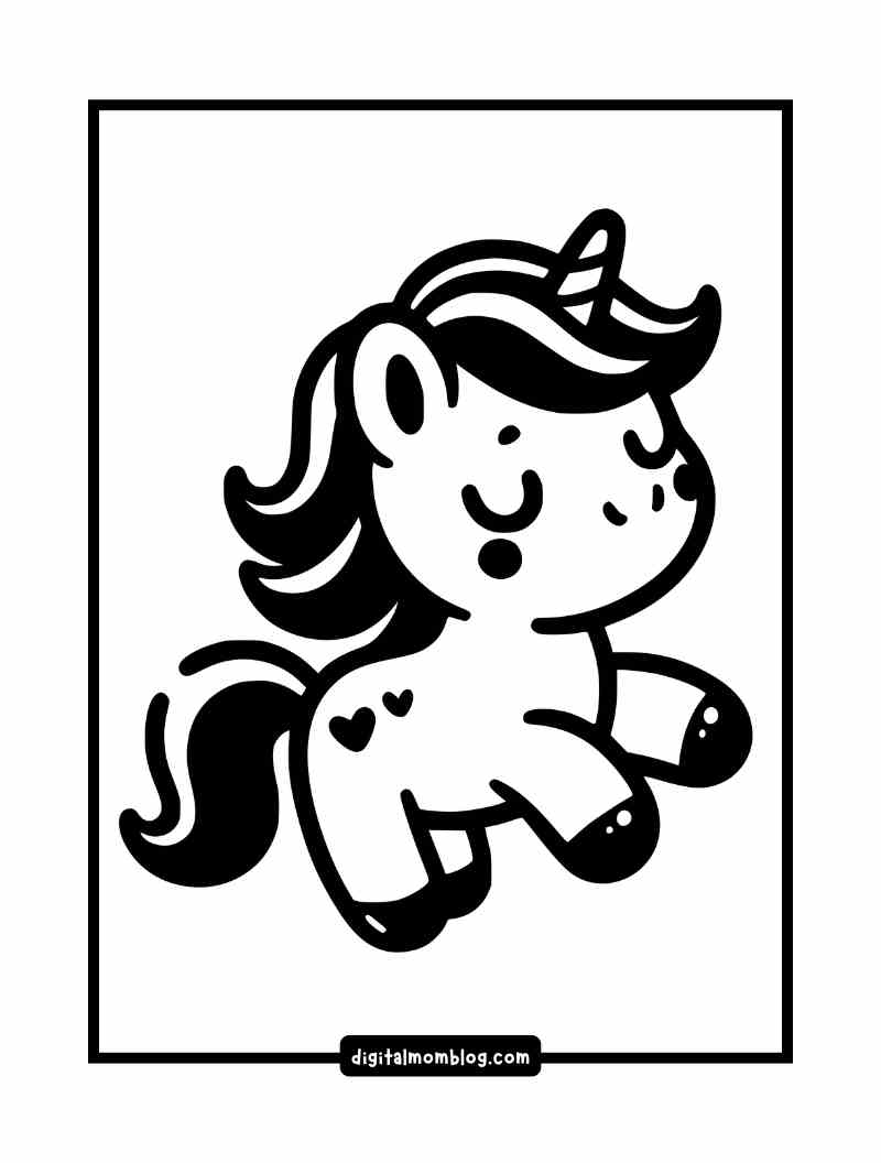 unicorn coloring page for kids Black and white illustration of a cute cartoon unicorn with closed eyes, a small horn, and a curly mane, with heart shapes on its side, positioned centrally in a framed border.